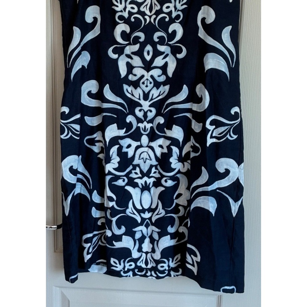 Talbots Navy Blue White Damask Linen Blend Square Neck Shift Dress Womens 14 NWT - Picture 6 of 11